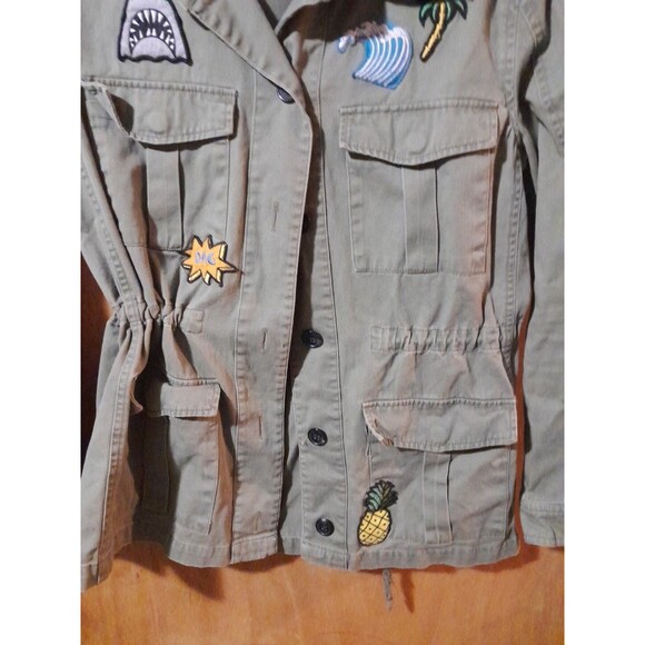 Forever 21 Utility Drawstring Army Green Jacket With Patches Size Small Pockets - Picture 10 of 16
